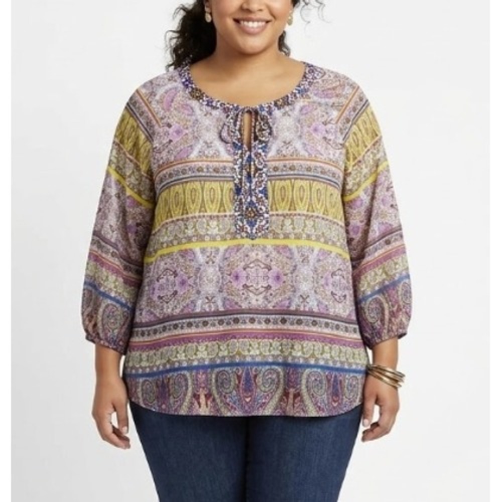 Fig and Flower Blouse size XL Petite Multi‎ Color Floral Abstract Boho Popover